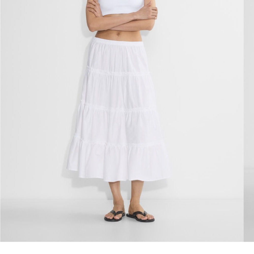 High-rise white tiered cotton twill maxi skirt